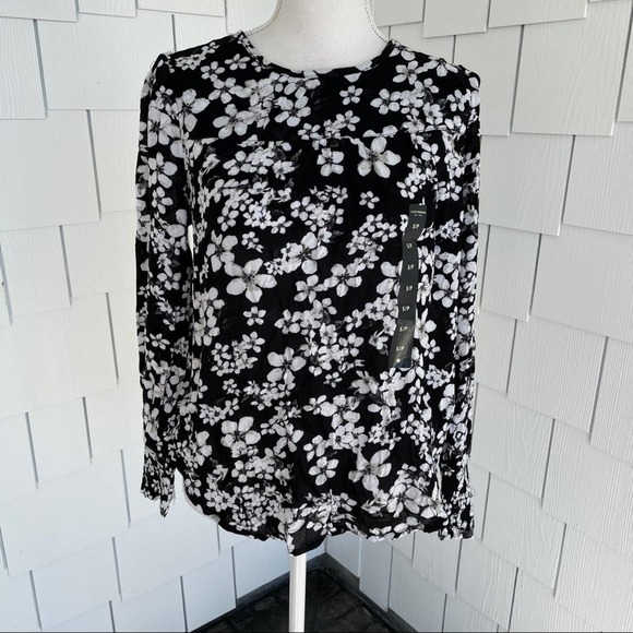 Lucky Brand Women's Black/White Floral Cottagecore Pullover Peasant Blouse sz S - Picture 1 of 6